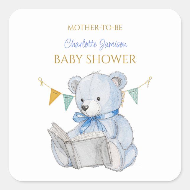 Adesivo Quadrado Teddy Bear personalizado lendo um Chá de fraldas d (Frente)