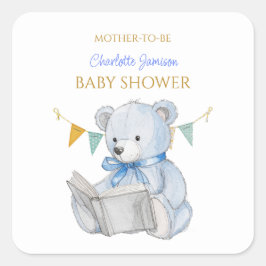 Adesivo Quadrado Teddy Bear personalizado lendo um Chá de fraldas d