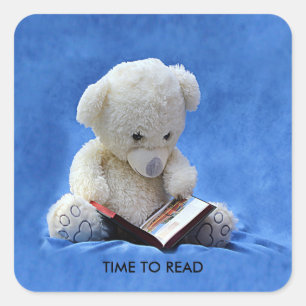 Adesivo Quadrado Teddy Bear Time to Read Blue Stuffed Animal, ZKOA