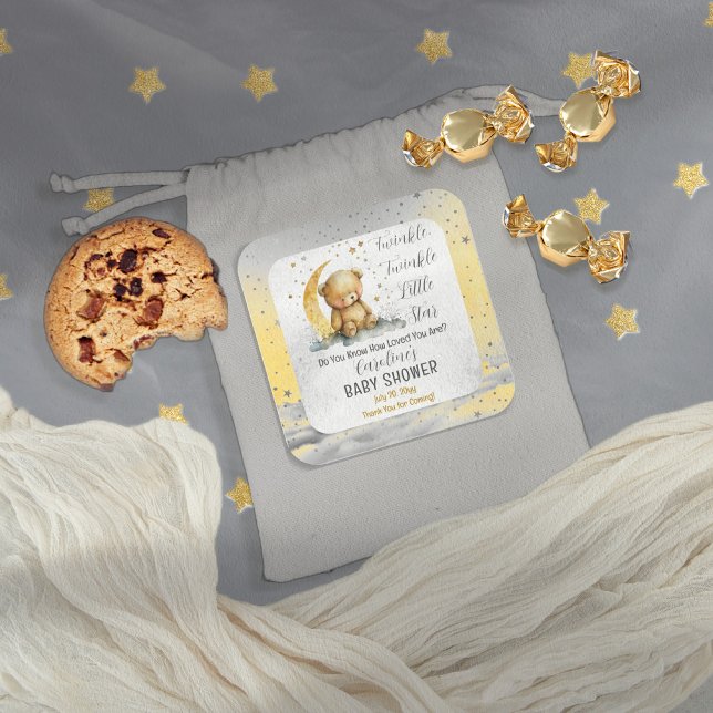 Adesivo Quadrado Teddy Bear Twinkle Twinkle Little Star Chá de fral (Create an enchanting baby shower with our Teddy Bear Twinkle Twinkle Little Star collection.  )