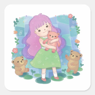 Adesivo Quadrado Teddy Bears & Girl Illustration