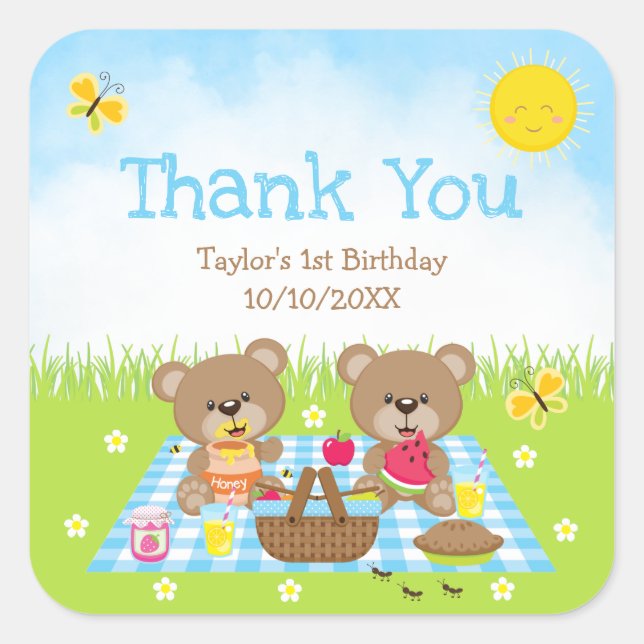 Adesivo Quadrado Teddy Bears Picnic Birthday Blue Gingham Obrigado (Frente)