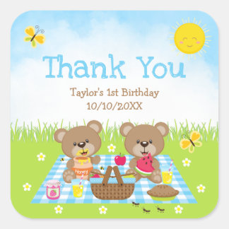 Adesivo Quadrado Teddy Bears Picnic Birthday Blue Gingham Obrigado