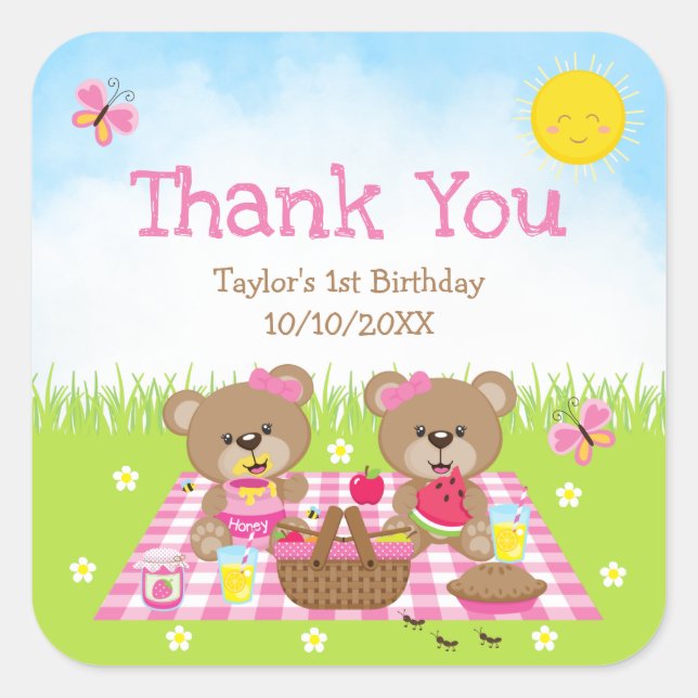 Adesivo Quadrado Teddy Bears Picnic Birthday Pink Gingham Obrigado (Frente)