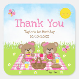Adesivo Quadrado Teddy Bears Picnic Birthday Pink Gingham Obrigado