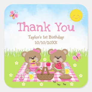Adesivo Quadrado Teddy Bears Picnic Birthday Pink Gingham Obrigado