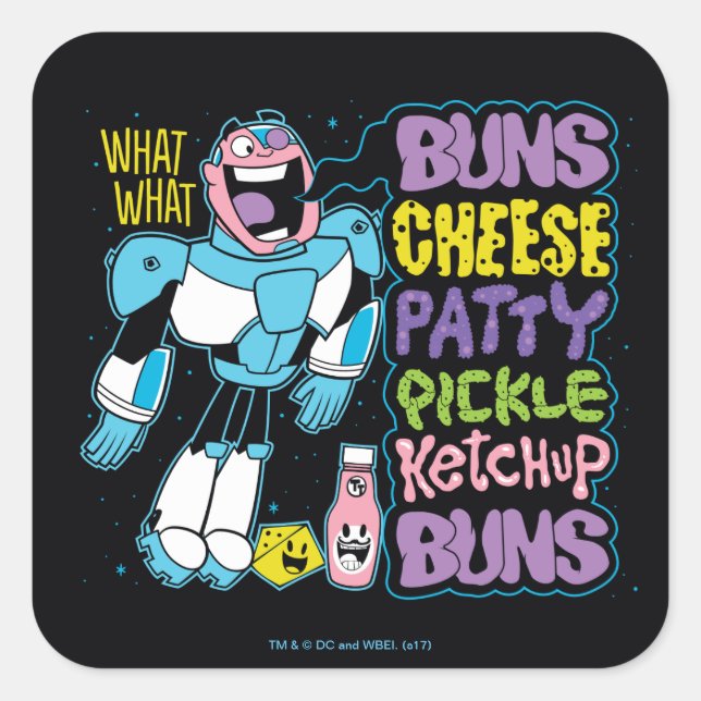 Adesivo Quadrado Teen Titans Go! | Cyborg Burger Rap (Frente)