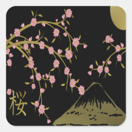 Adesivo Quadrado Tela Dourada Black Japonesa Rosa Sakura