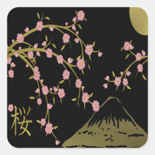 Adesivo Quadrado Tela Japonesa Rosa Sakura Dourado Preto