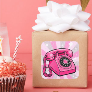 Adesivo Quadrado Telefone Fixo Rotativo Retro Brilho Rosa