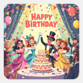 Adesivo Quadrado Tema de aniversário mascarado fofo