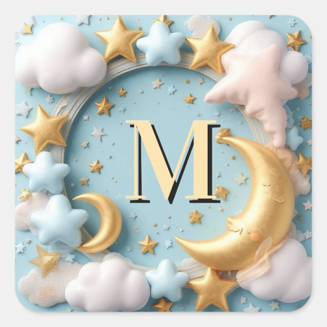 Adesivo Quadrado ⭐ Tema de Bebê Lua e Nuvens Caprichosas ⭐ (Frente)