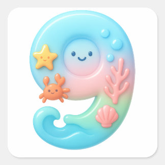 Adesivo Quadrado Tema de desenho animado fofo debaixo do mar Número