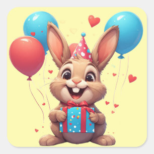 Adesivo Quadrado 🎈 Tema de Festa de Aniversário do Coelho Fofo