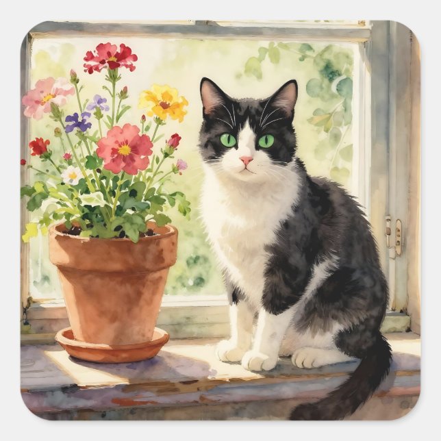Adesivo Quadrado Tema de Gato e Flor (Frente)