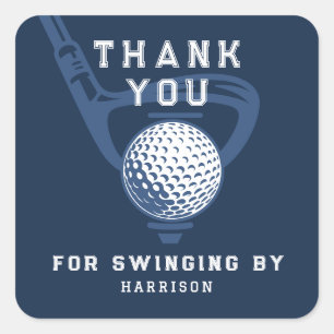 Adesivo Quadrado Tema de Golfe Aniversário Par-tee Obrigado Azul Ma