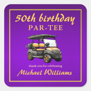 Adesivo Quadrado Tema de Golfe Elegante Carrinho Roxo Dourado 50º A