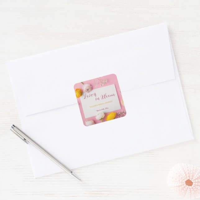 Adesivo Quadrado Tema Floral Rosa Chá de Noiva (Envelope)