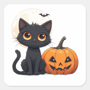 Adesivo Quadrado Tema Mágico de Halloween do Gato Preto Kawaii 🎃