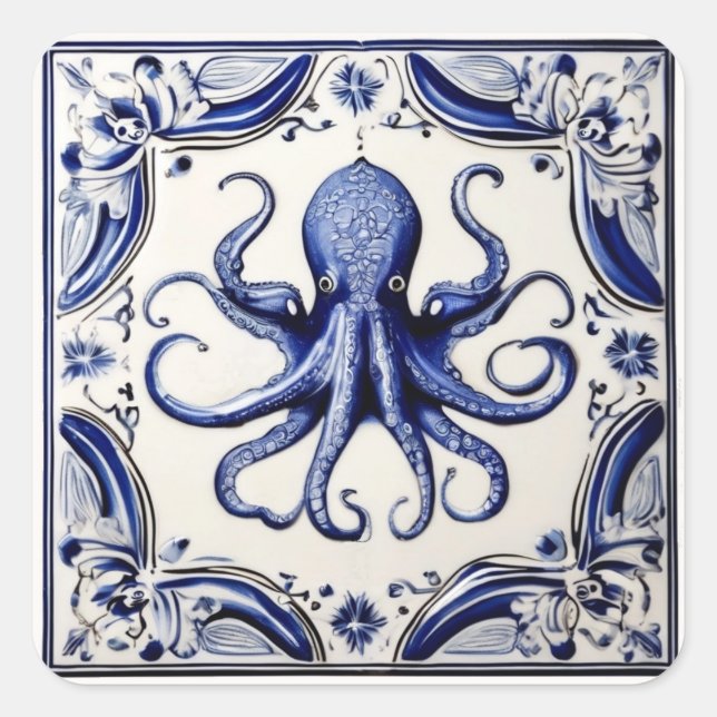 Adesivo Quadrado Tema Octopus Blue/White Sea Ocean (Frente)