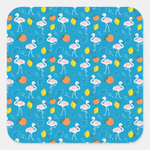 Adesivo Quadrado Tema tropical Frutas Flamingo em fundo azul