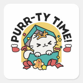 Adesivo Quadrado Tempo Puro! - Design de Natal para Gatos Festivos