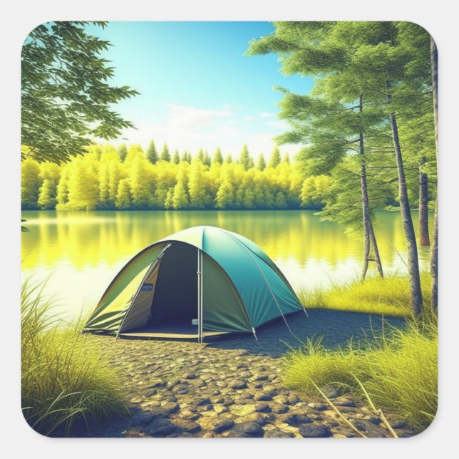 Adesivo Quadrado Tent em uma Floresta Bonita por um Lago (Frente)