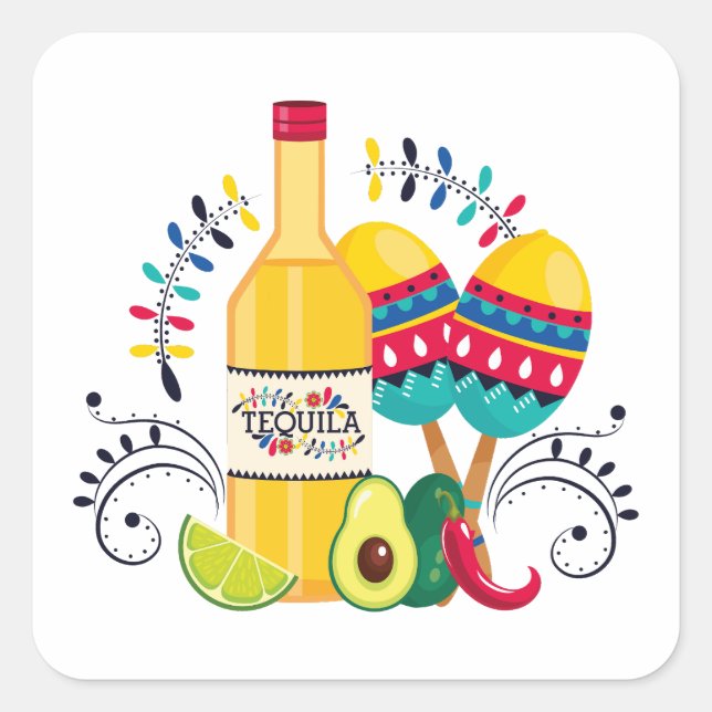 Adesivo Quadrado Tequila, Maracas, Arte Folclórica Mexicana (Frente)