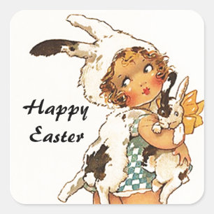 Adesivo Quadrado Terno bonito do coelhinho da Páscoa da antiguidad