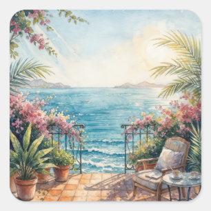 Adesivo Quadrado Terraço com Vista para o Oceano Tranquilo