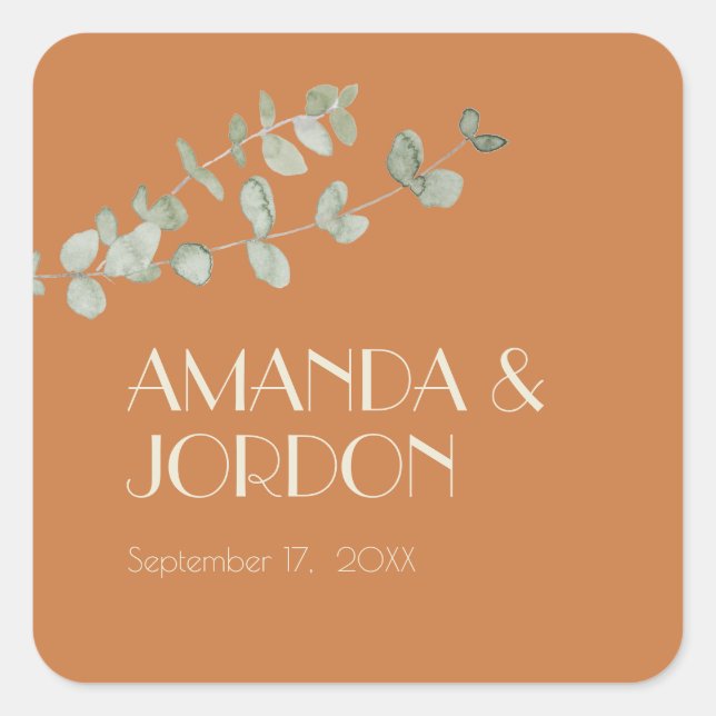 Adesivo Quadrado Terracotta Eucalyptus Deco Wedding Seal Sticker (Frente)