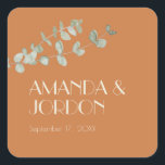 Adesivo Quadrado Terracotta Eucalyptus Deco Wedding Seal Sticker<br><div class="desc">Este adesivo de selo do Terracotta Eucalyptus Deco fornece um boho minimalista, e o país rústico, ocidental, ou tema do deserto. A simples folhagem verde de eucalipto verde-simples complementa o fundo do outono de terracotta, enquanto o tipo de deco de arte combinado com o verde botânico e o pano de...</div>