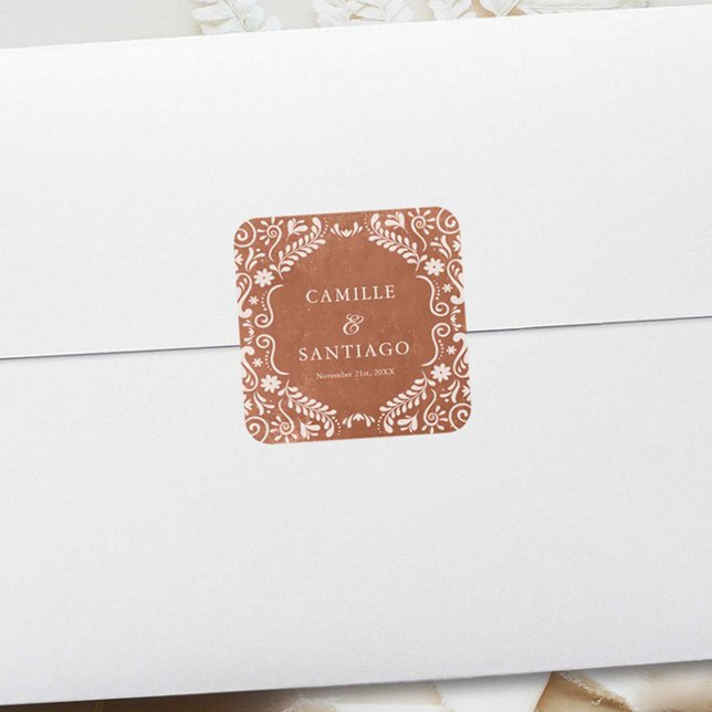 Adesivo Quadrado Terracotta Mexicano Wedding Papel Picado (Mexican Talavera Wedding envelope seal)