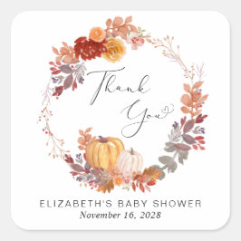 Adesivo Quadrado Terracotta Pumpkin Wreath Chá de fraldas Obrigado