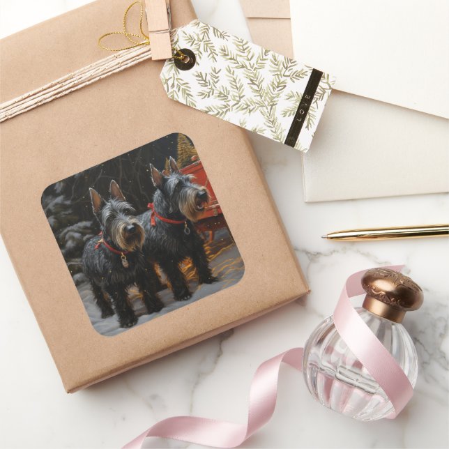 Adesivo Quadrado Terrier Snowy Sleigh no Natal da Escócia (Presentear)