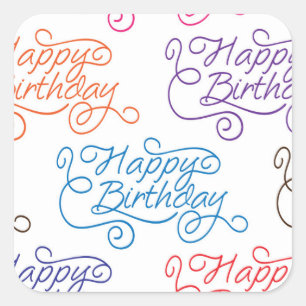 Adesivo Quadrado Teste padrão Cursive colorido do feliz aniversari