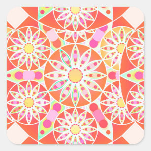 Adesivo Quadrado Teste padrão da mandala, vermelho coral, rosa,