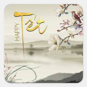 Adesivo Quadrado Tet Hoa Anh Dao Vietnamita Ano Novo SqS