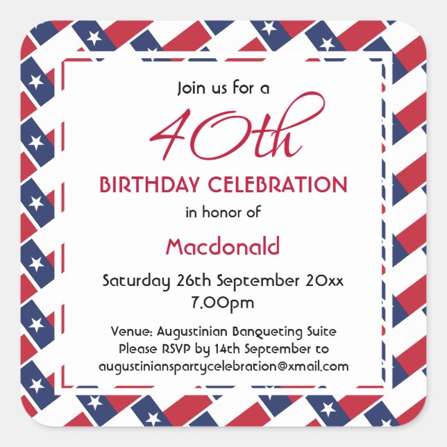 Adesivo Quadrado TEXAS FLAG Celebração de Aniversário Personalizada (Frente)