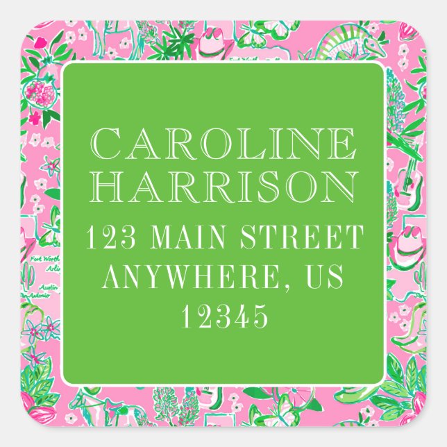 Adesivo Quadrado Texas Map Pink & Green Preppy Patterno (Frente)