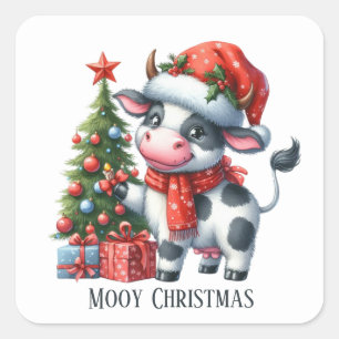 Adesivo Quadrado Texto adicional da vaca de Natal festiva