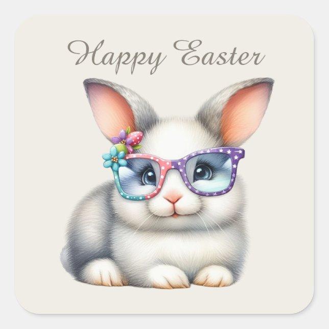 Adesivo Quadrado Texto de adição do coelho da Páscoa (Frente)