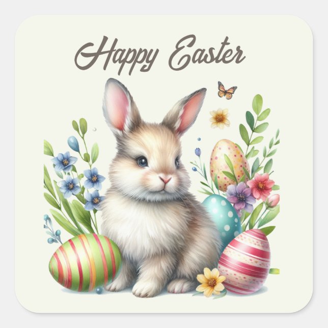 Adesivo Quadrado Texto de adição do coelho da Páscoa com aquarela f (Frente)