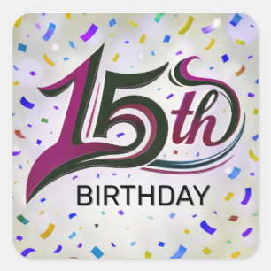 Adesivo Quadrado Texto De Aniversário De 15 Com Confetti