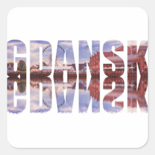 Adesivo Quadrado Texto de Gdansk com vista de cidade antiga e refle
