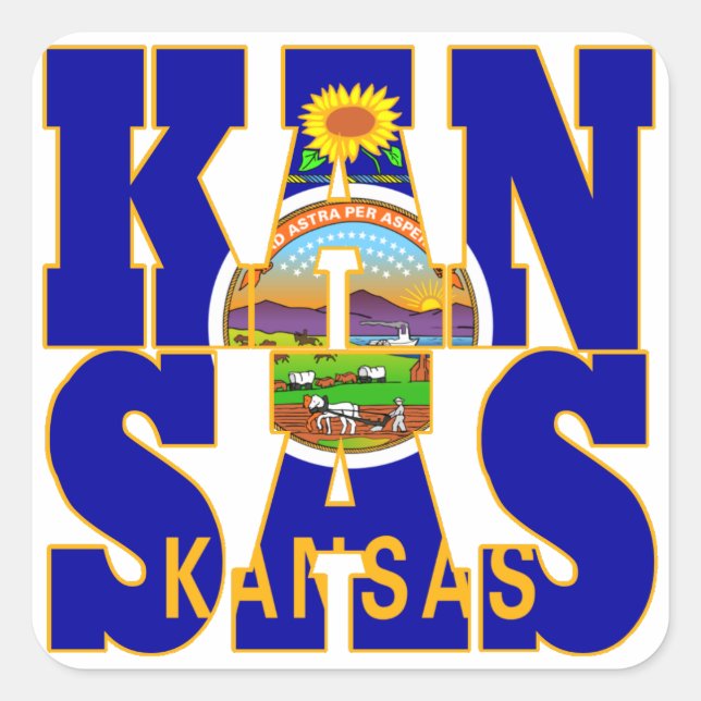 Adesivo Quadrado Texto do sinalizador do estado do Kansas (Frente)