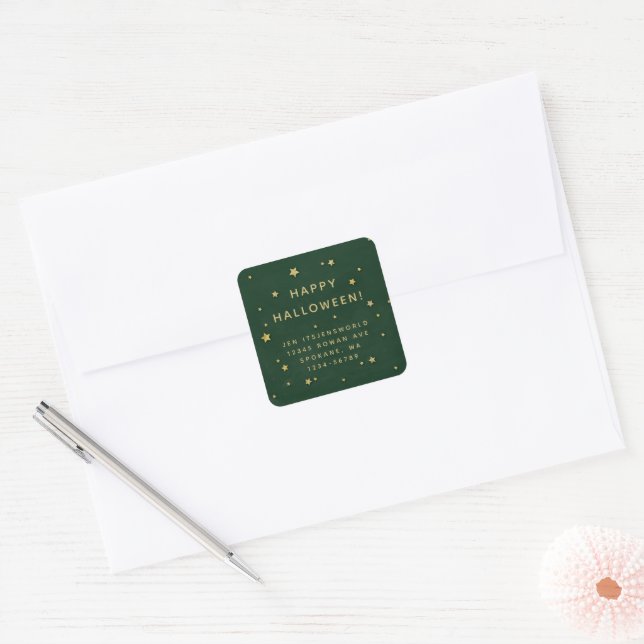 Adesivo Quadrado Texto/Endereço Personalizado das Estrelas Verdes + (Envelope)