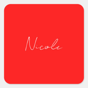 Adesivo Quadrado Texto manual Elegante Nome vermelho branco comum