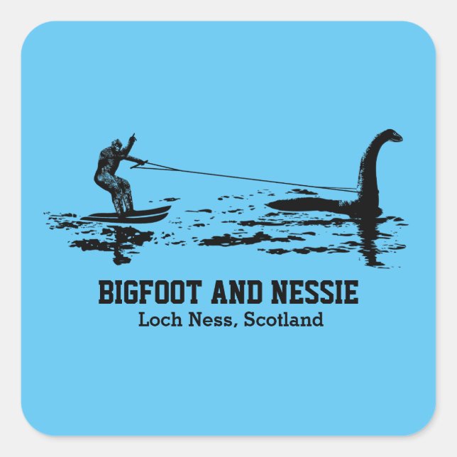 Adesivo Quadrado Texto personalizado Bigfoot e Nessie Loch Ness (Frente)