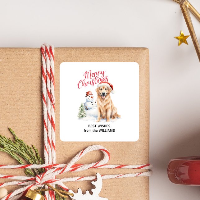 Adesivo Quadrado TEXTO PERSONALIZADO DE NATAL DE NEVE DE NEVE DE ou (GOLDEN RETRIVER SANTA HAT SNOWMAN AND PINE TREE MERRY CHRISTMAS IN RED AND CUSTOM TEXT)